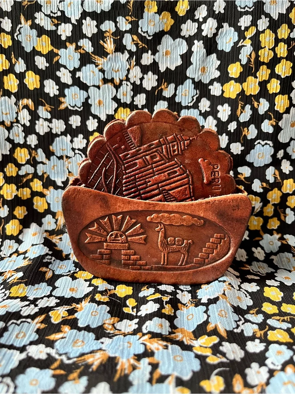 Vintage Handcrafted Peruvian Leather Coaster (4) set with Holder
